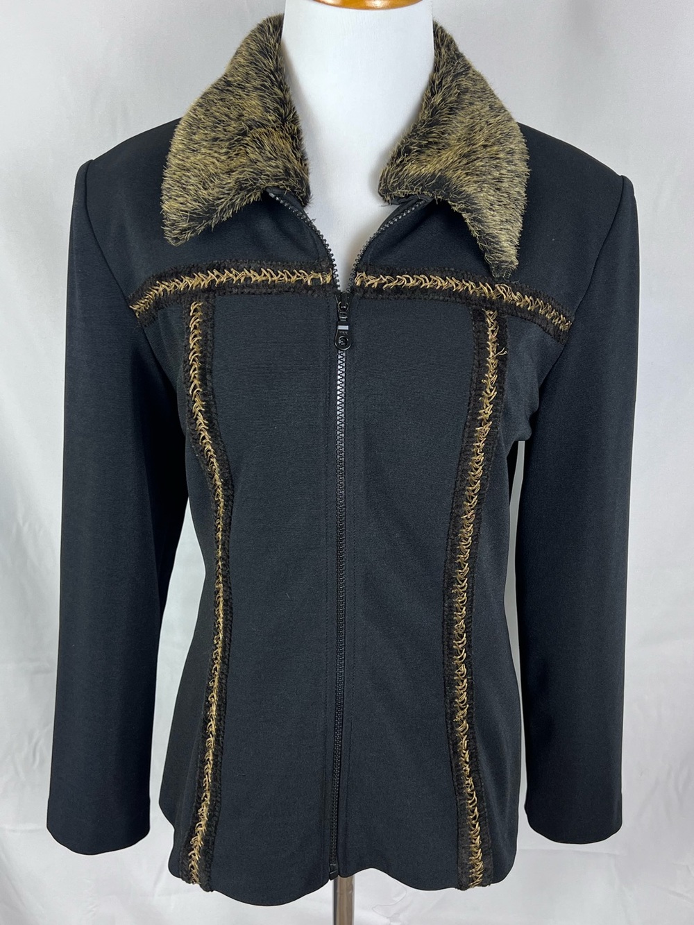 Joseph Ribkoff Black Jacket with Brown Faux Fur Trim